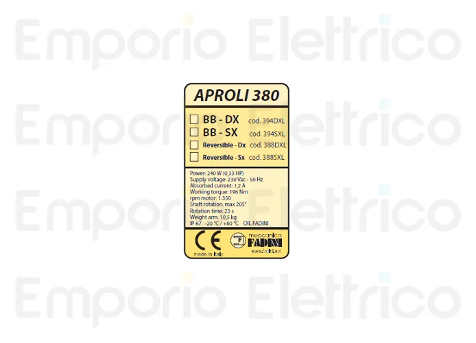 fadini pièce détachée étiquette autocollante données techn. aproli 380 lb 38082